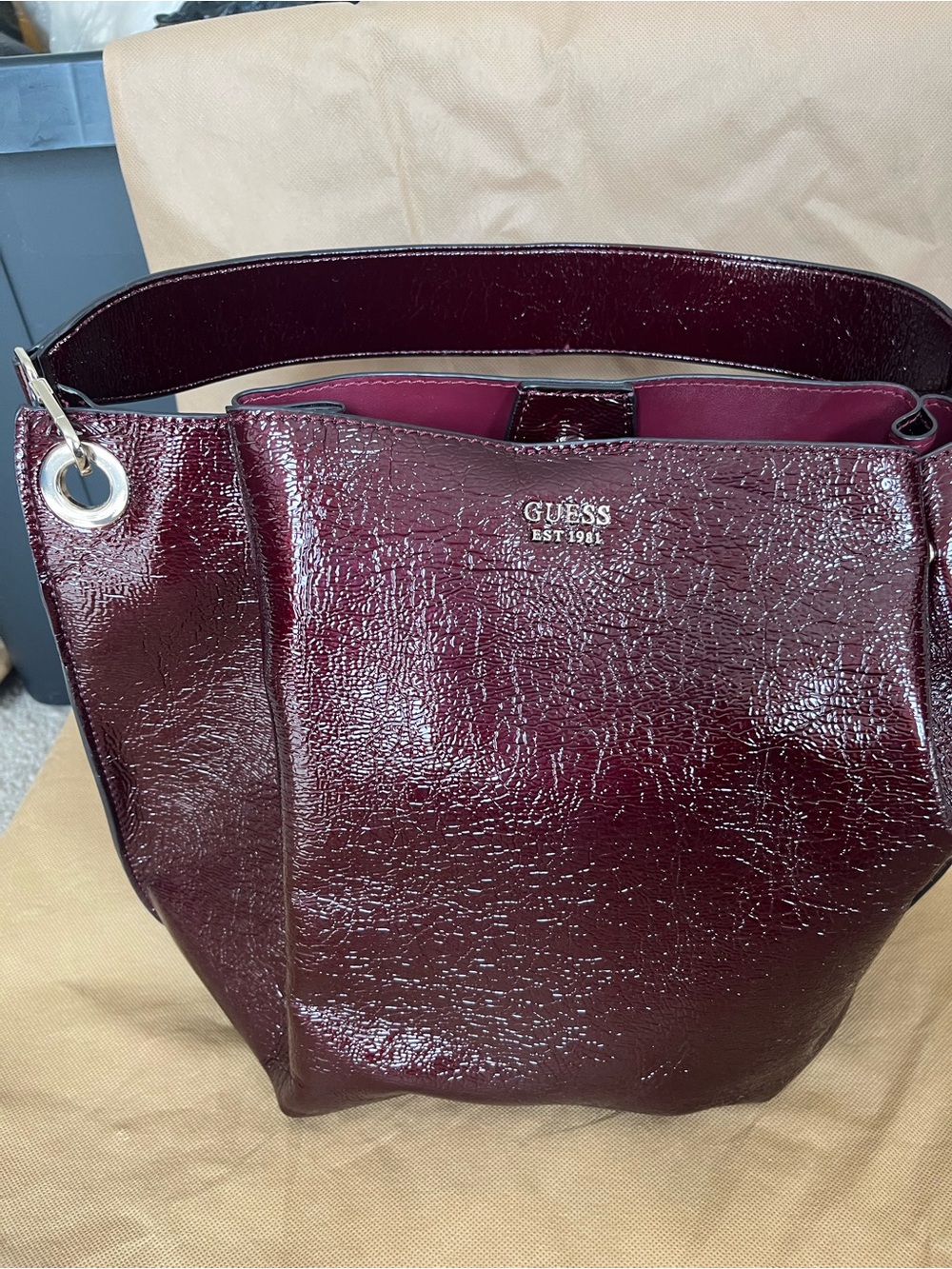 GUESS Patent Leather Burgundy Shoulder Bag with Silver Accent